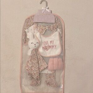 NWT Baby Girl 9 Piece Set. Sleeper, Onsie, Bunny, Washcloths, Bib, Headband 3-6M